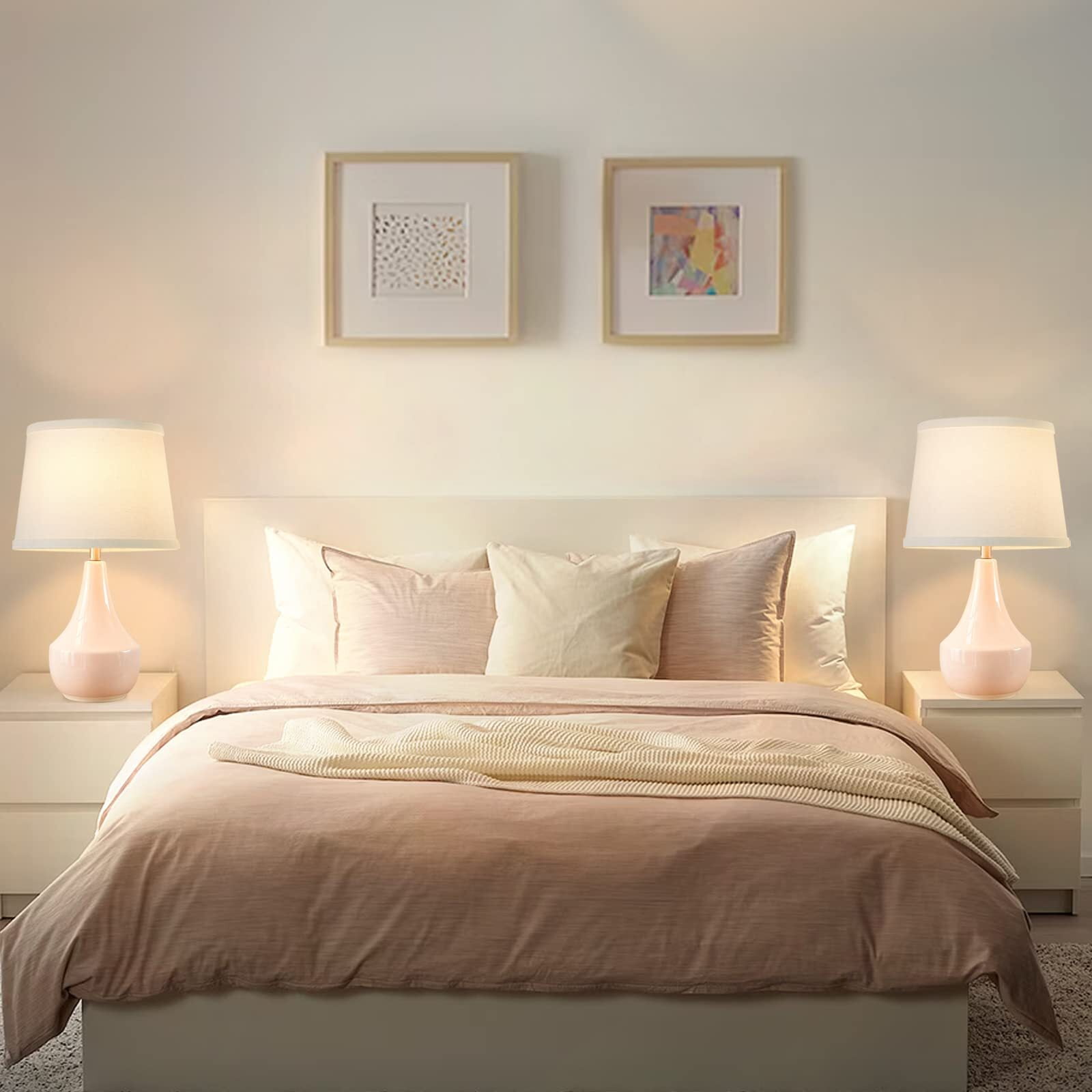 NATYSWAN Pink Table Lamp Set of 2, Ceramic Table Lamp Classic Beside Lamps Nightstand Lamp Modern Table Lamp for Living Room, Bedroom Office, Rocker Swtich (LED Bulbs Included)