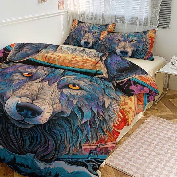 3PCS Colorful Lone Wolf Duvet Cover Set Twin, 1 Duvet Cover And 2 Pillowcase, Duvet Cover for Kids Girls Boys And Teens