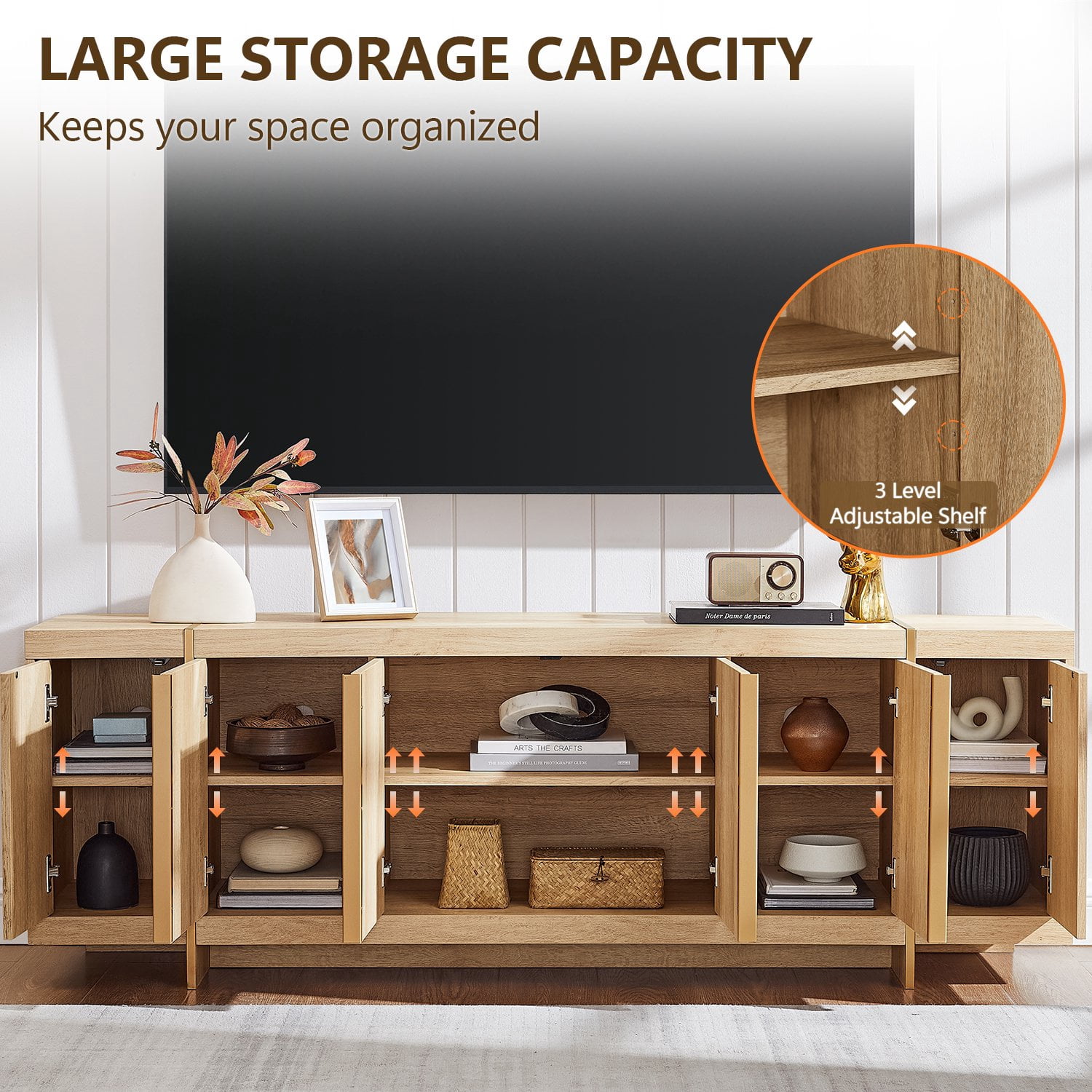KeyWhat Modern TV Stand for TVs Up to 80", Storage Cabinet, 10 Compartments, Hidden Handles