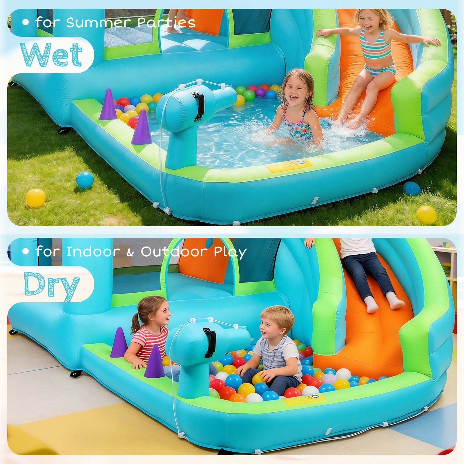 Ktaxon 7-in-1 Inflatable Water Slide Bounce House with Blower, 147" x 118" x 87", Curved Slide Water Park w/ Splash Pool, Bounce Area & Climbing Wall, Kids Backyard