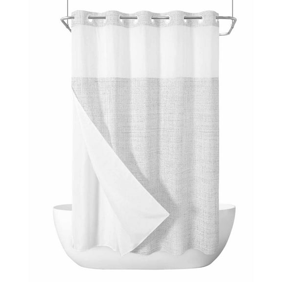 No Hook Cloth Fabric Shower Curtain with Snap in Liner, White Burlap Texture Waterproof Shower Curtains Set with See Through Top Window, Farmhouse Vintage White Bath Curtains Shower 54"x78"