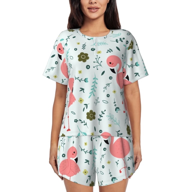 Balery Cute Flamingo Conjunto de Pijama para Mujer con Estampado, Dos Piezas de Manga Corta y Shorts, Ropa de Dormir Suave con Cuello Redondo y Bolsillos-3X-Large