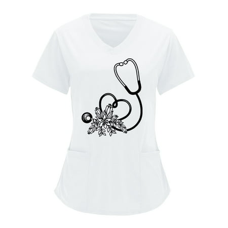 

Scrub Tops for Women Solid Color Print Graphic Workwear Short Sleeve V Neck Medical Scrub Nurses Tops