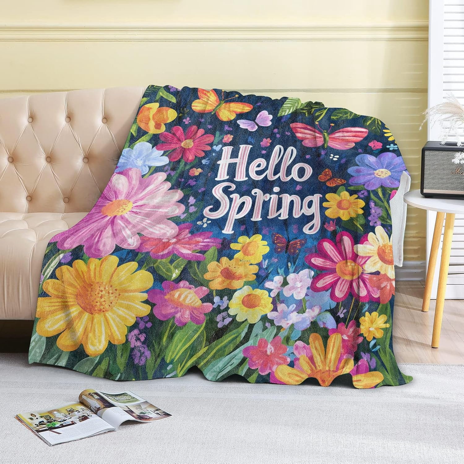 Floral Hello Spring Fleece Blanket - 50x60in Butterfly and Blooming Flower Throw Blankets,Soft Cozy Lightweight, Ideal for Living Room Home Rustic Decor and Kids Women Girls Gifts