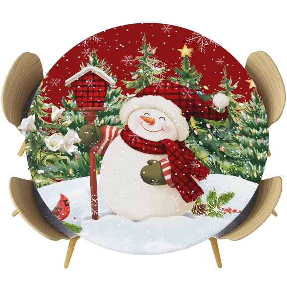 Red Snowman Christmas Round Tablecloth, Fitted Table Cover with Elastic for 45"-54" Round Tables, Green Xmas Tree Snowflake Winter Table Cloth Outdoor Indoor Dinning Party Waterproof Tablecloths
