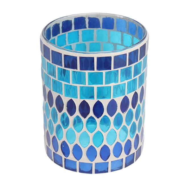 Portavelas votivo de mosaico, portavelas de vidrio hecho a mano para decoración del hogar, azul