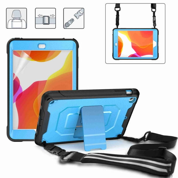 Dteck Rugged Heavy Duty Protective iPad MINI 1/2/3 Case, 3 Layer Kicktand Shoulder Strap Shockproof Cover With Pencil Holder Front Screen Protector, blue
