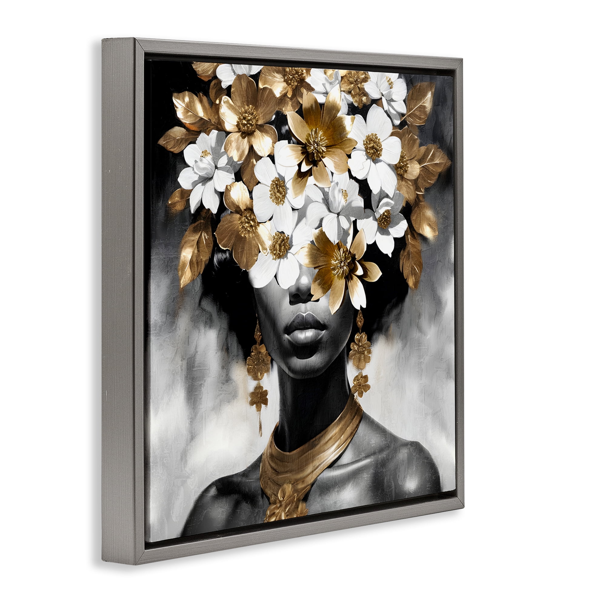 Stupell Industries Woman & Gold Flowers People Painting Gray Floater Framed Canvas Art Print Wall Art, 18 x 18