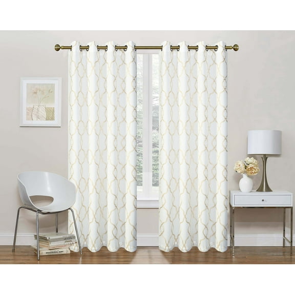 2 Pack: Regal Home Collections Geo Lattice Semi Sheer Grommet Top Curtain Panels With a Satin Backing For Privacy - Gold, 84 in. Long
