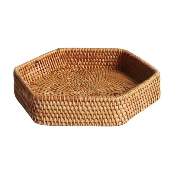 Rattan Hexagonal Tray Vintage Woven Bread Basket Wooden Coffee Table Centerpiece for Home Decor Dining Table Fruit Serving Trays Picnic Basket Sandwich Container Rustic Farmhouse Kitchen Decor