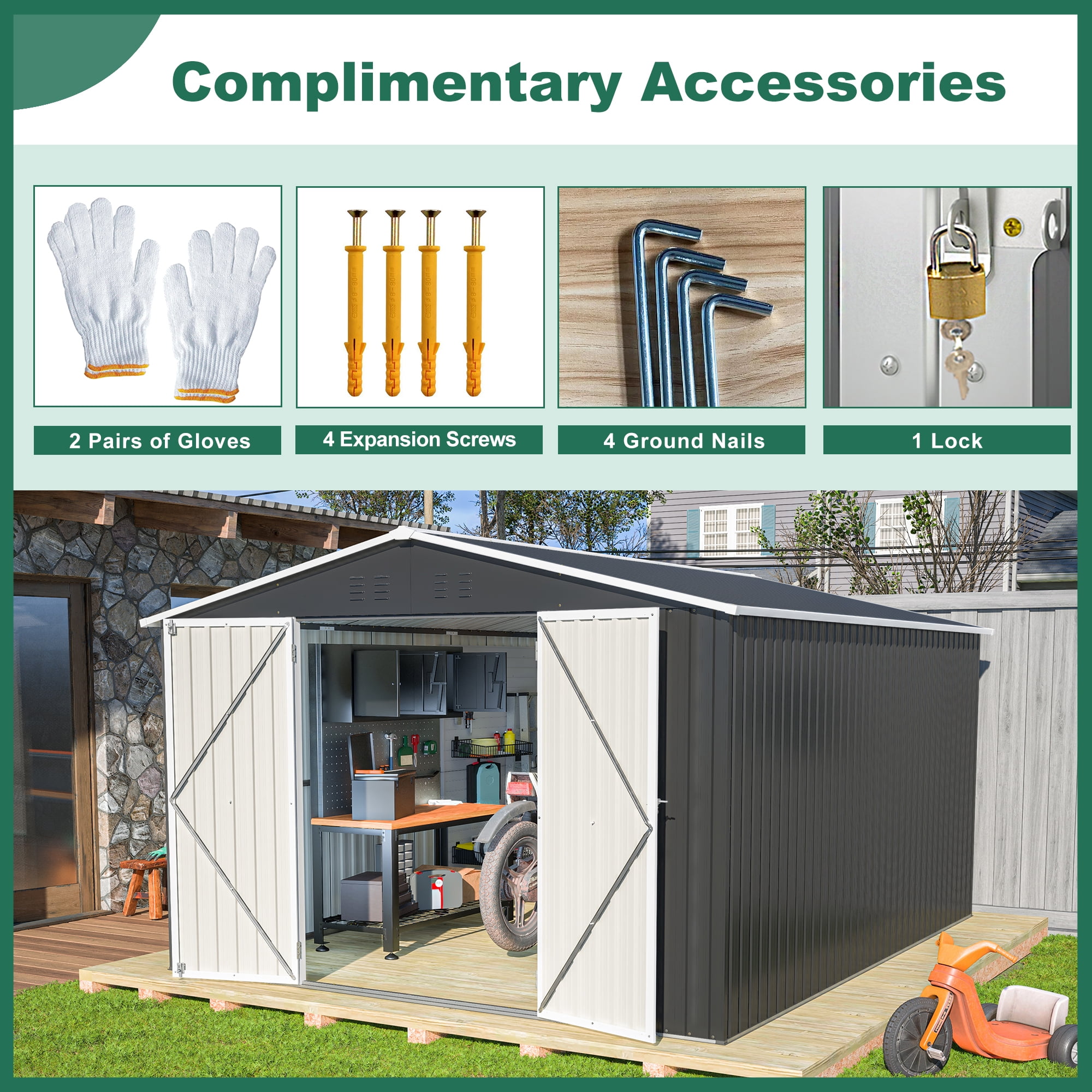 DetalleGo 10x12FT Metal Storage Shed - No Foundation Needed! Lockable Double Doors (49.5"x65"), Aluminum Frame & Galvanized Steel, All-Weather Garden Shed for Lawn Mower/Tools