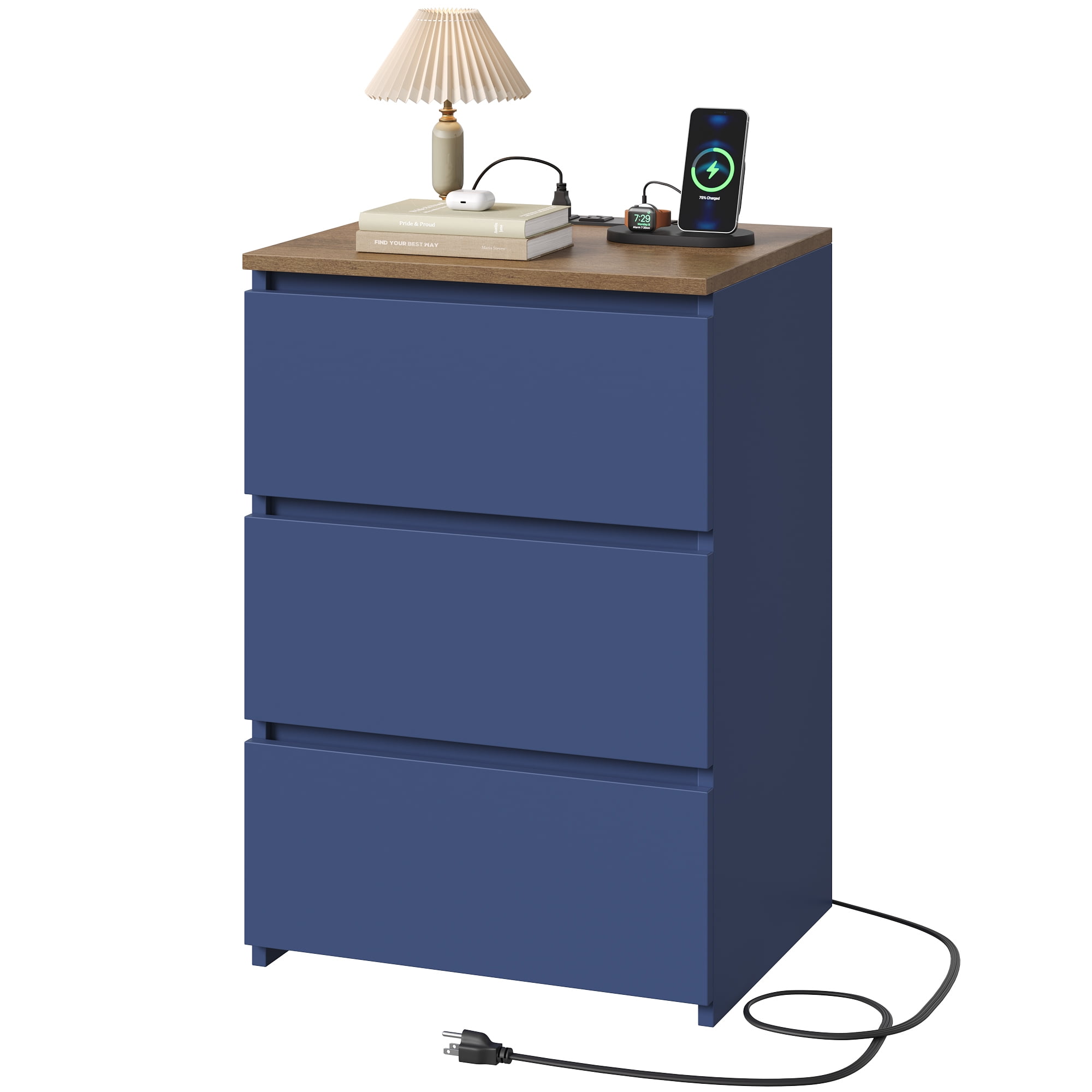 Homfa 3 Drawers Nightstand with Charging Station, Side Table with Storage for Living Room, Bedside Nightstand for Bedroom, Blue