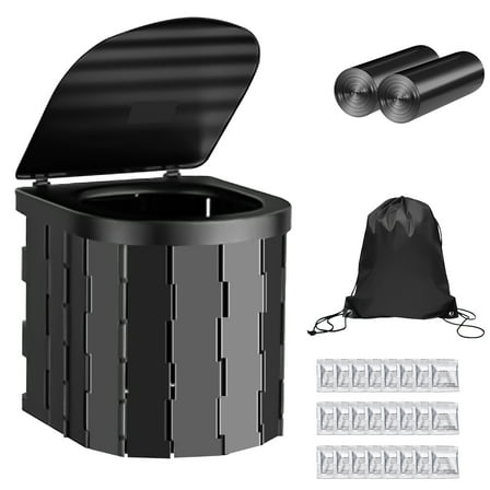 SPOKKI Portable Toilet for Adults, Foldable Camping Toilet with Lid, Includes 2 Rolls Waste Bag and 24 Bags Curing Agents, for Camping, Hiking, RoadTrip, Car, Tent, Truck Drivers
