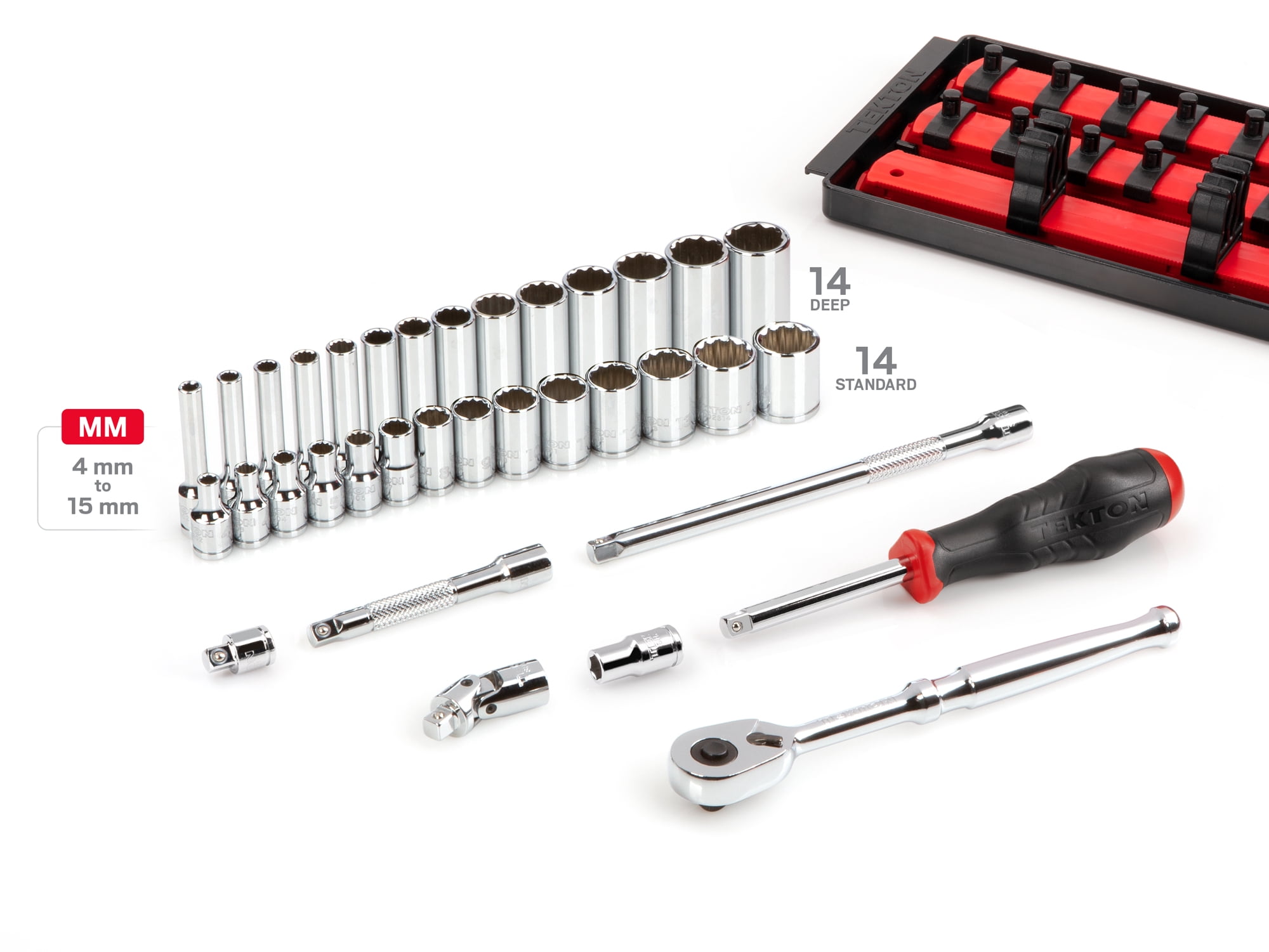 TEKTON 1/4 Inch Drive Shallow and Deep 12-Point Socket and Ratchet Set with Rails and Tray, 35-Piece (4 - 15 mm) | SKT03202