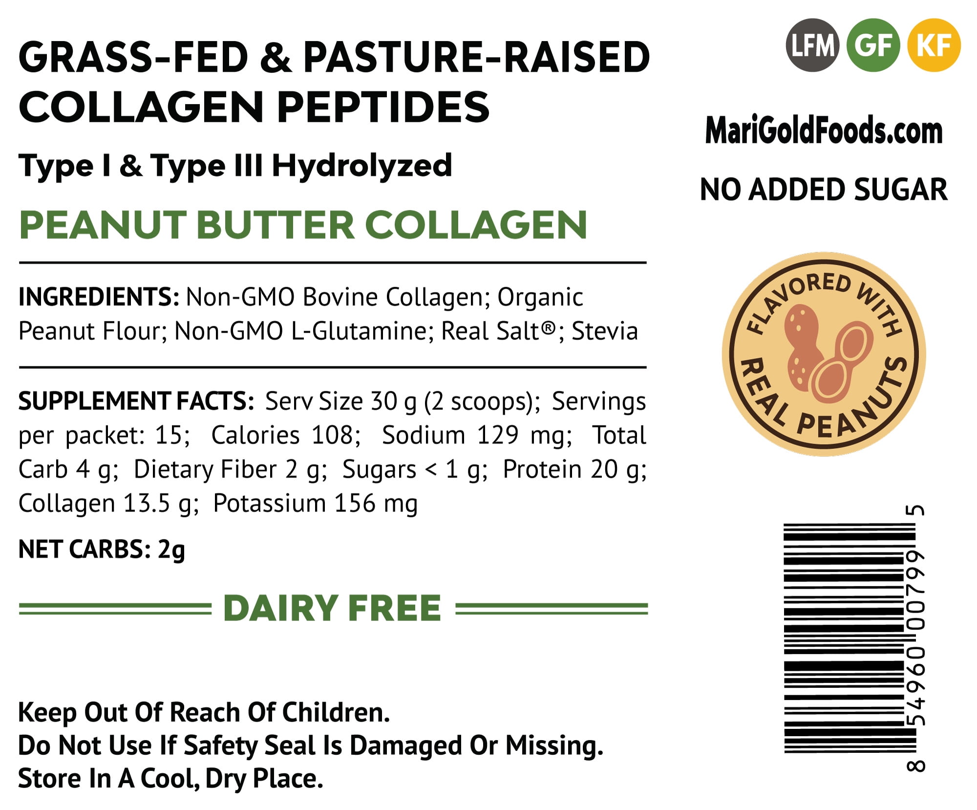 MariGold Collagen Peptides Powder - Peanut Butter 1LB, Type I & III, Non-GMO, rBST Free, Dairy Free
