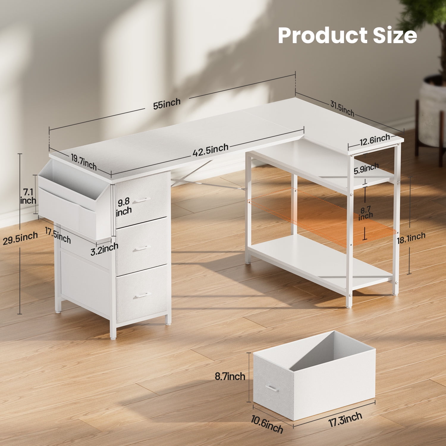 HLDIRECT L Shaped Computer Desk with Drawers & Storage Shelves, 55 inch Corner Desk for Home Office and Bedroom, White