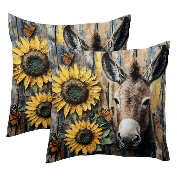 MUOOUM Donkey and Sunflower Set of 2 Throw Pillow Covers Cases - 16" x 16" Square Decorative Cushion Covers for Sofa Couch Bed Home Decoration