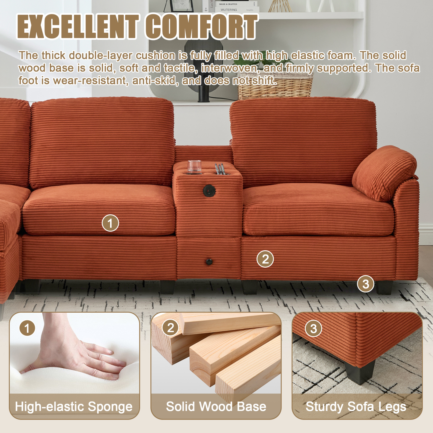 Leumius L-Shaped Sectional Sofa for Living Room,105" Modular 4-Seater Upholstered Sofa Couch with Cup Holder/USB Interface/Storage Box,Orange