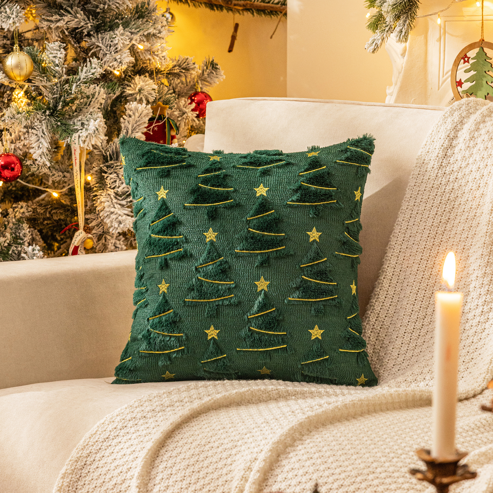 Set of 2 Christmas Tree Star White Red Green Throw Pillow Covers, Holiday Xmas Winter Plush Faux Fur Pillows Covers for Couch Sofa Home Decorations