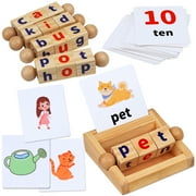Dreampark Montessori Toys for Toddlers 2 3 4 Years Old, Wooden Reading Blocks with 33pcs Flash Cards, Alphabet Learning Toys for Preschool Boys