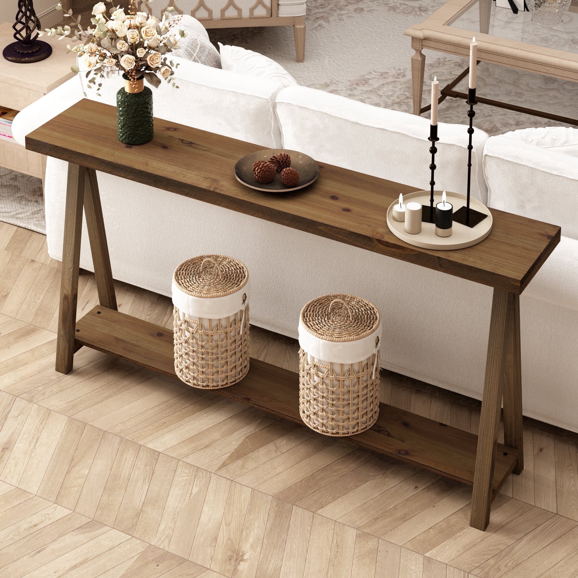 63'' Farmhouse Narrow Wood Console Tables, Long Entryway Sofa Table with Shelf for Living Room Hallway