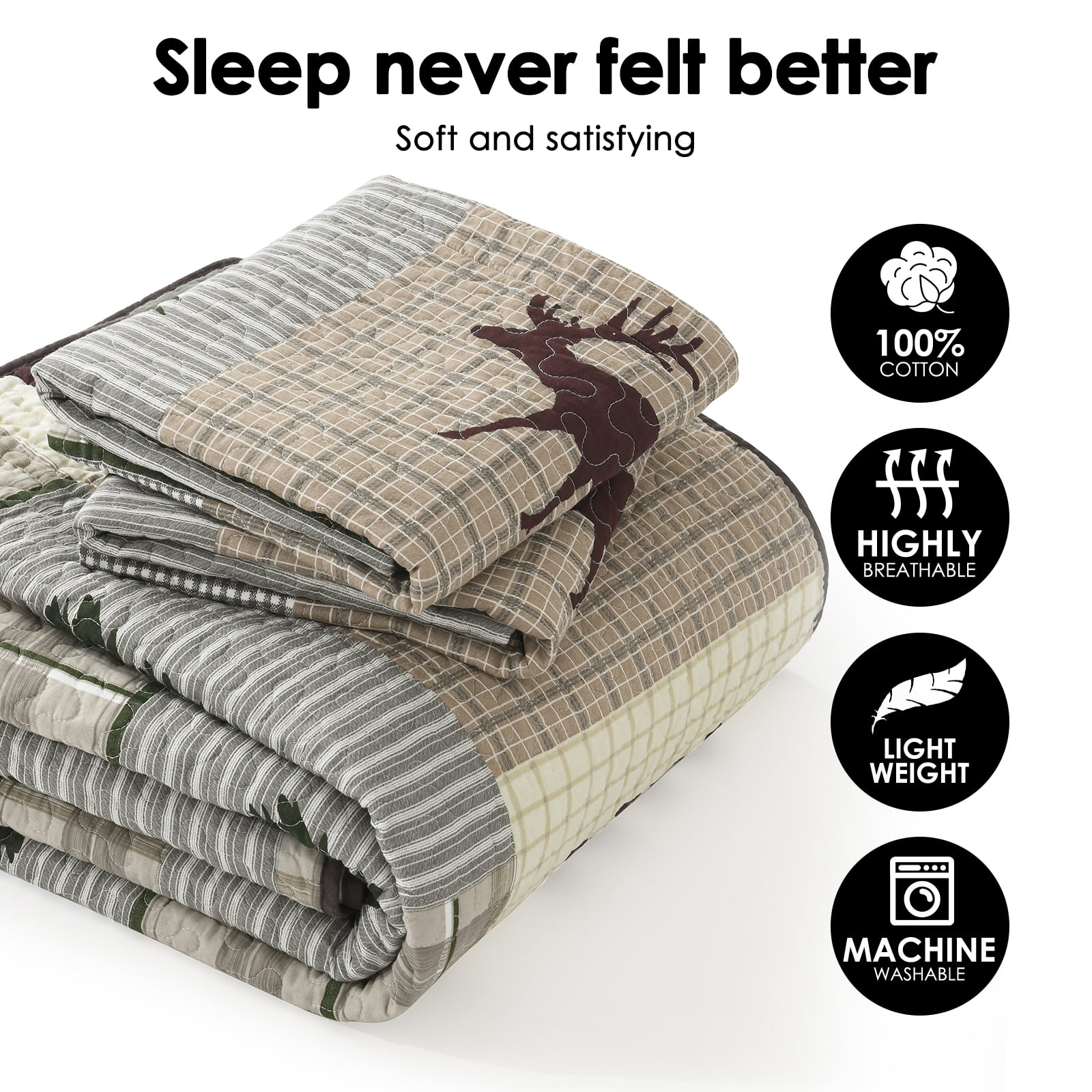 Bedduvit Cotton Quilt for Queen Bed - 100% Cotton Rustic Lightweight Queen Quilt, Brown Gray Patchwork Plaid Quilt Bedspread, Bear & Deer & Tree Farmhouse 3-Piece Quilt Comforter Set, 98x90
