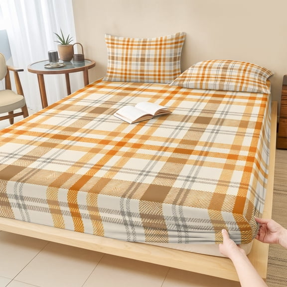 Cal.King Size Fitted Sheet Set - Beige Orange Plaid 3 Piece Bedding Sets 16" Deep Pocket Fitted Sheet with 2 Pillowcases, Modern Farmhouse Brown Checkered Brushed Microfiber Hotel Luxury Bed Sheets