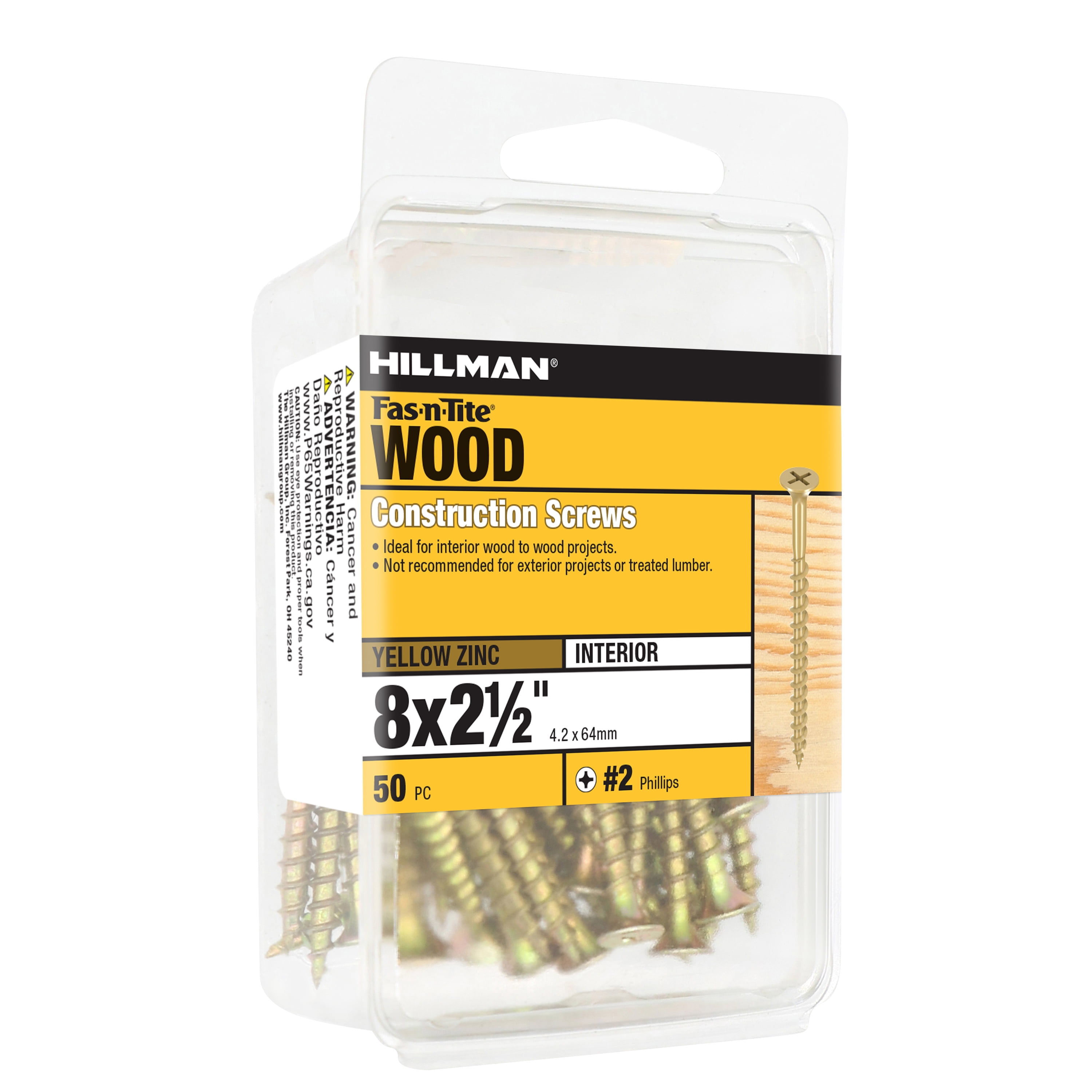Hillman Wood Construction Screws, #8 x 2-1/2", Steel, Yellow Zinc Finish, Interior, Phillips, Gold, 50 pack