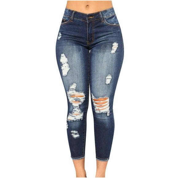 CEHVOM Women's Solid Color Ripped Denim Trousers Casual Jeans Pants With Pockets