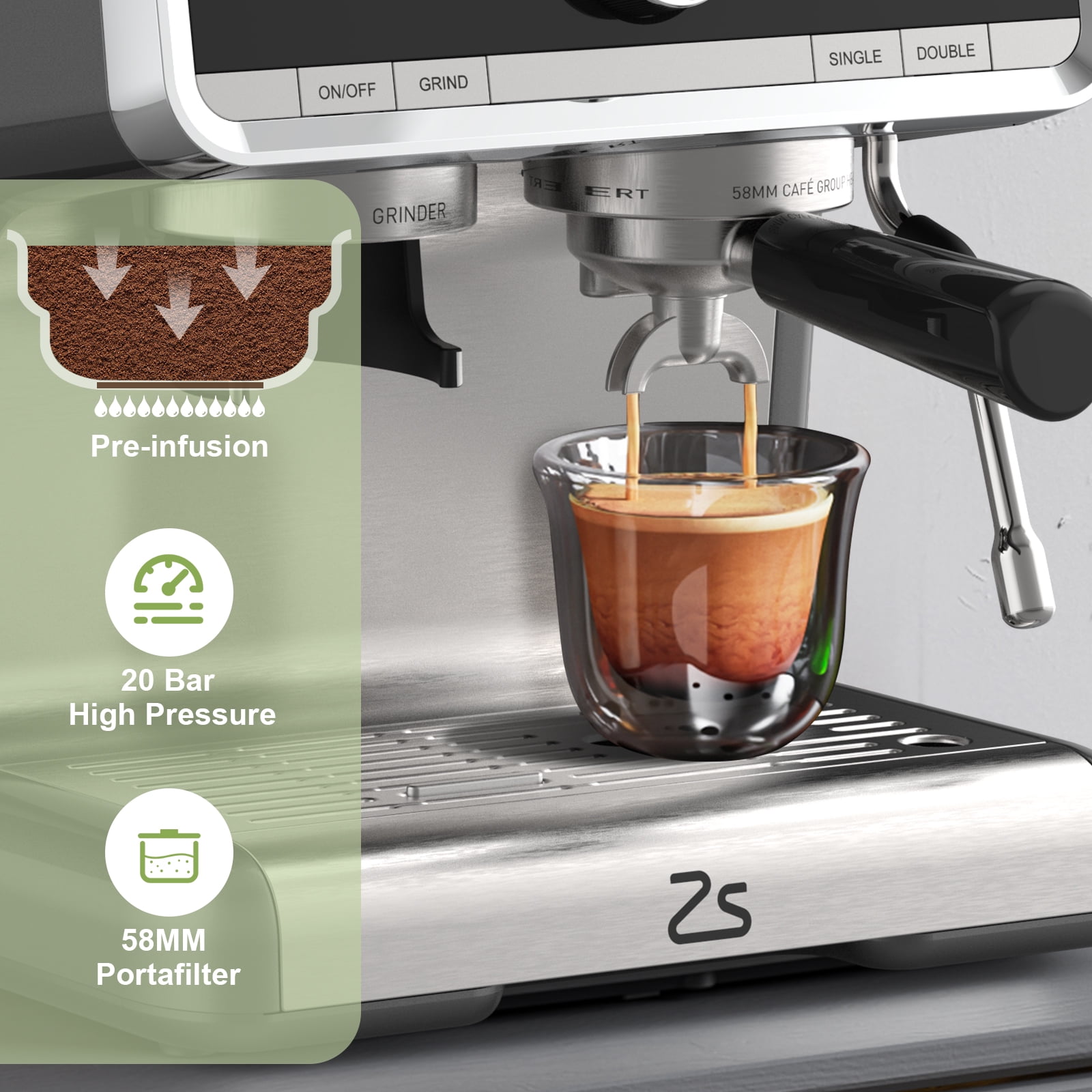 20 Bar Semi-Automatic Espresso Machine with Built-in Grinder & Milk Frother, 2.8L Removable Water Tank for Cappuccino, Latte, Home and Office Use