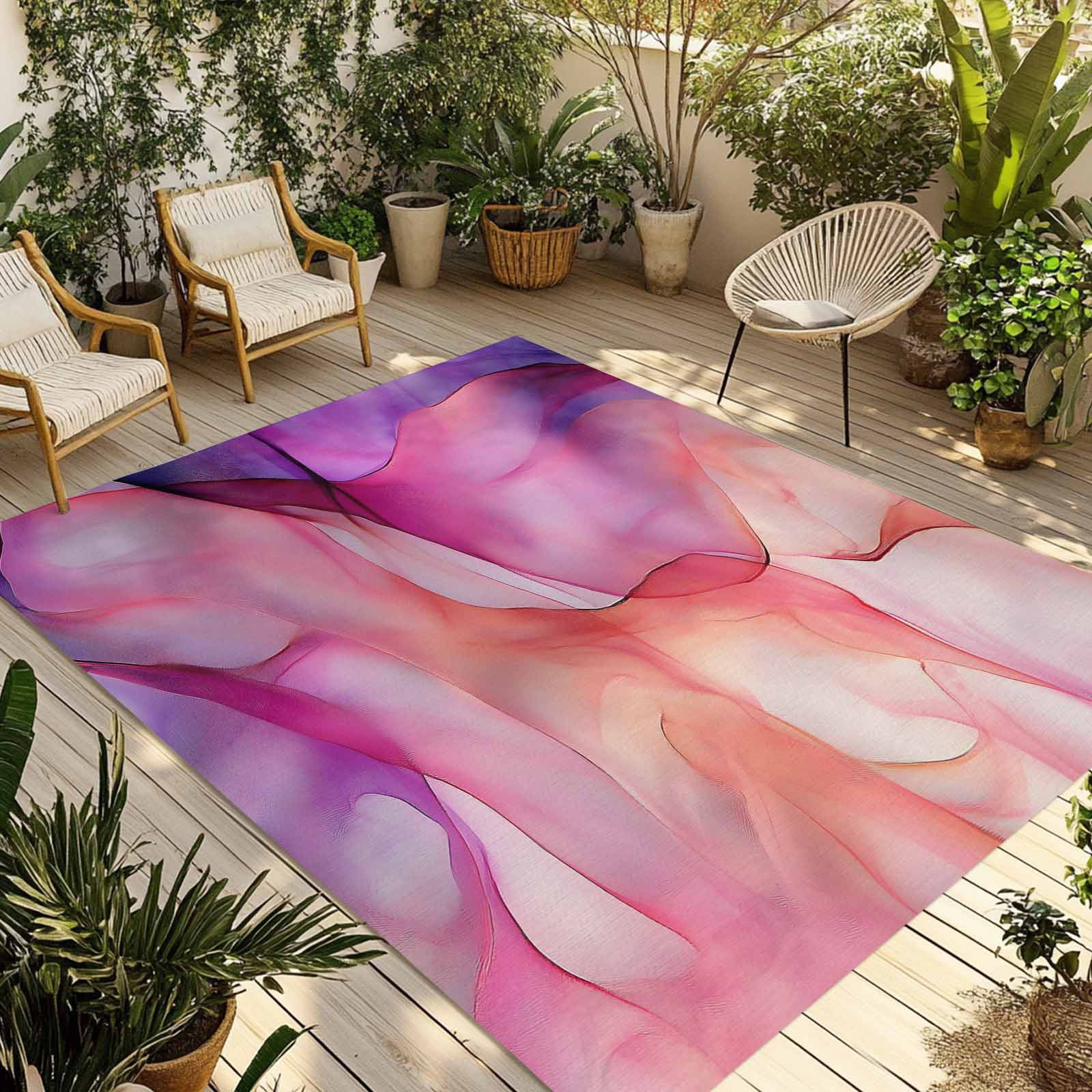 Outdoor Rug 5x8ft Abstract Ombre Pink Marble Large Area Rug Modern Art Indoor Outdoor Carpet Outdoor Rugs Mats for Patio Camping,RV,Front Door, Outside Decor