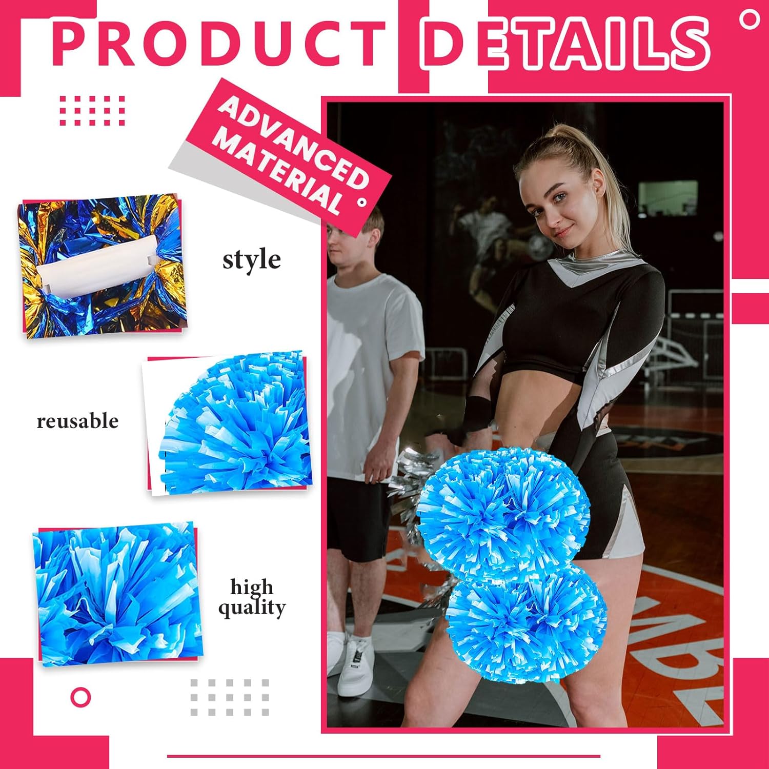 12 PCS pom poms Cheerleading,13.8inch Sports Team Spirits Cheering Squad Dance Training with Handle