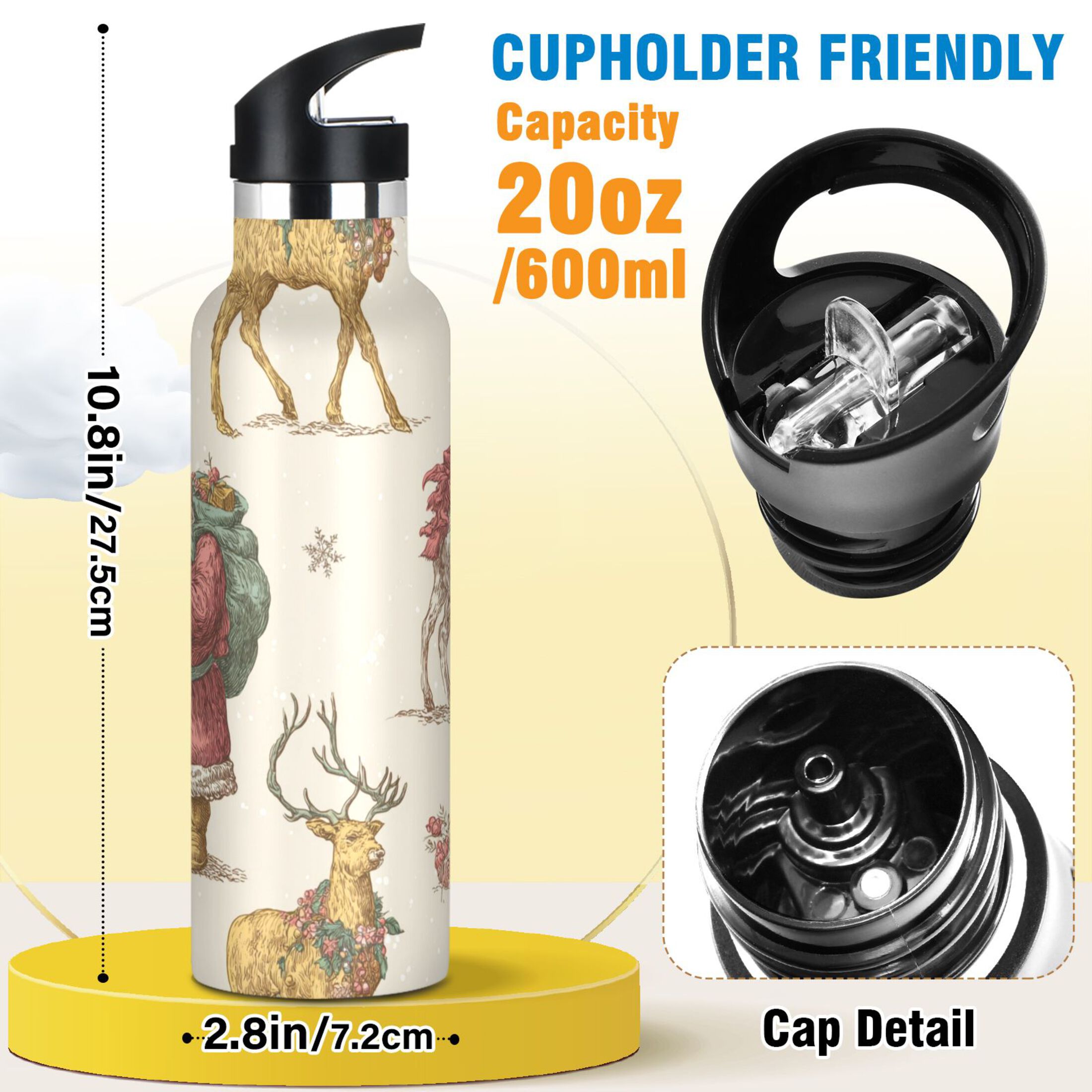 Kids Insulated Stainless Steel Sports Water Bottle 600ml (20oz) Retro Santa Claus and Reindeer