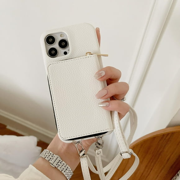 Case for iPhone 13, Wallet Case for iPhone 13 with Shoulder Strap in Soft Leather, Protective Cover with Leather Wrist Strap, Case for Apple iPhone 13 (6.1"), Beige