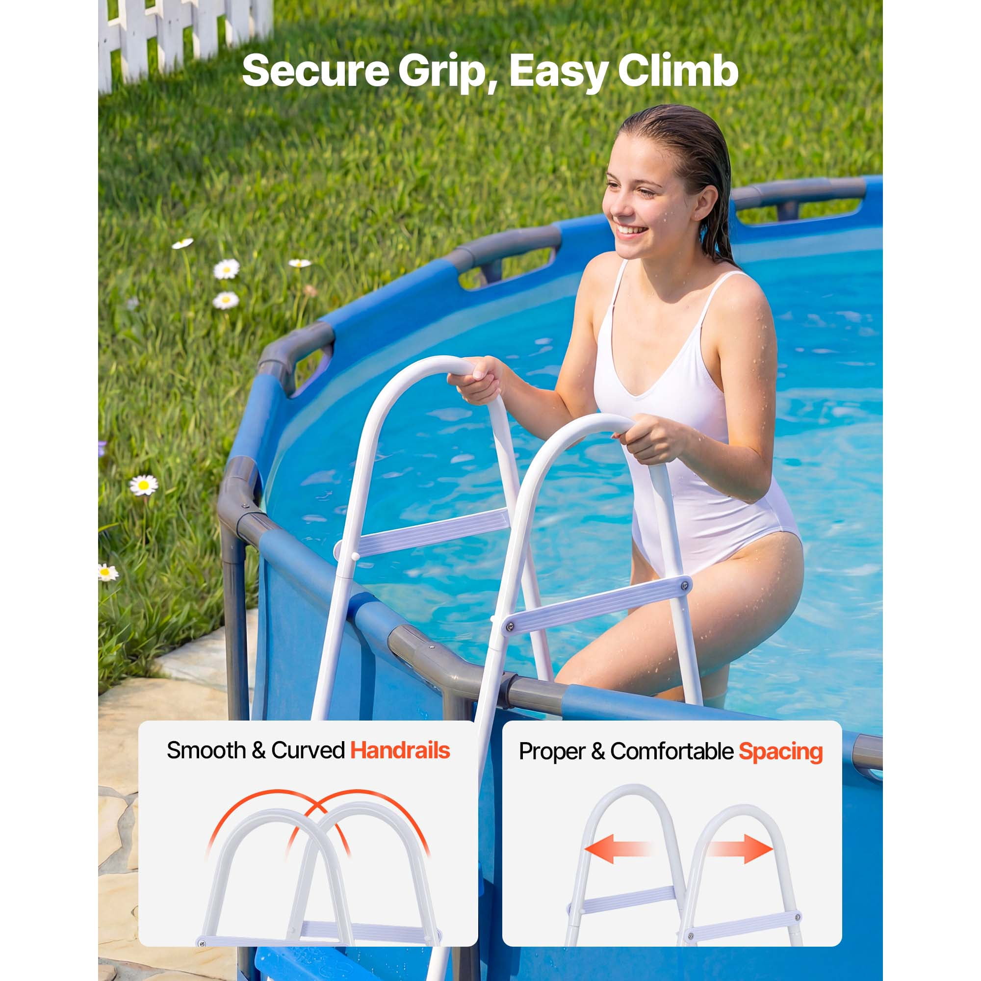 KFFKFF 3-Step Steel A-Frame Pool Ladder for Above-Ground Pools, Designed for 36-inch High Walls, 300 lbs Weight Capacity, Non-Slip Wide Steps for Safe Entry and Exit,White and Blue