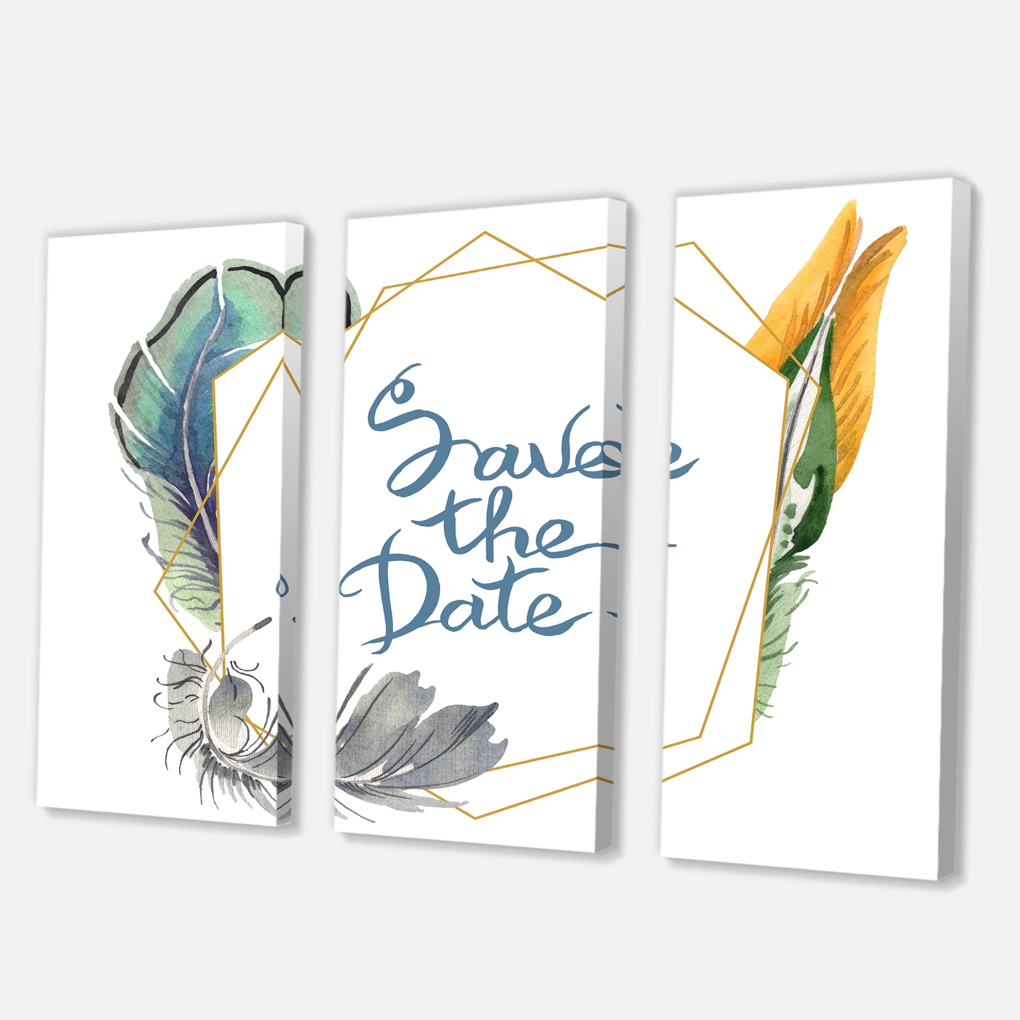 Designart ' Save The Date Bird Blue Feather ' Bohemian & Eclectic Canvas Wall Art Print