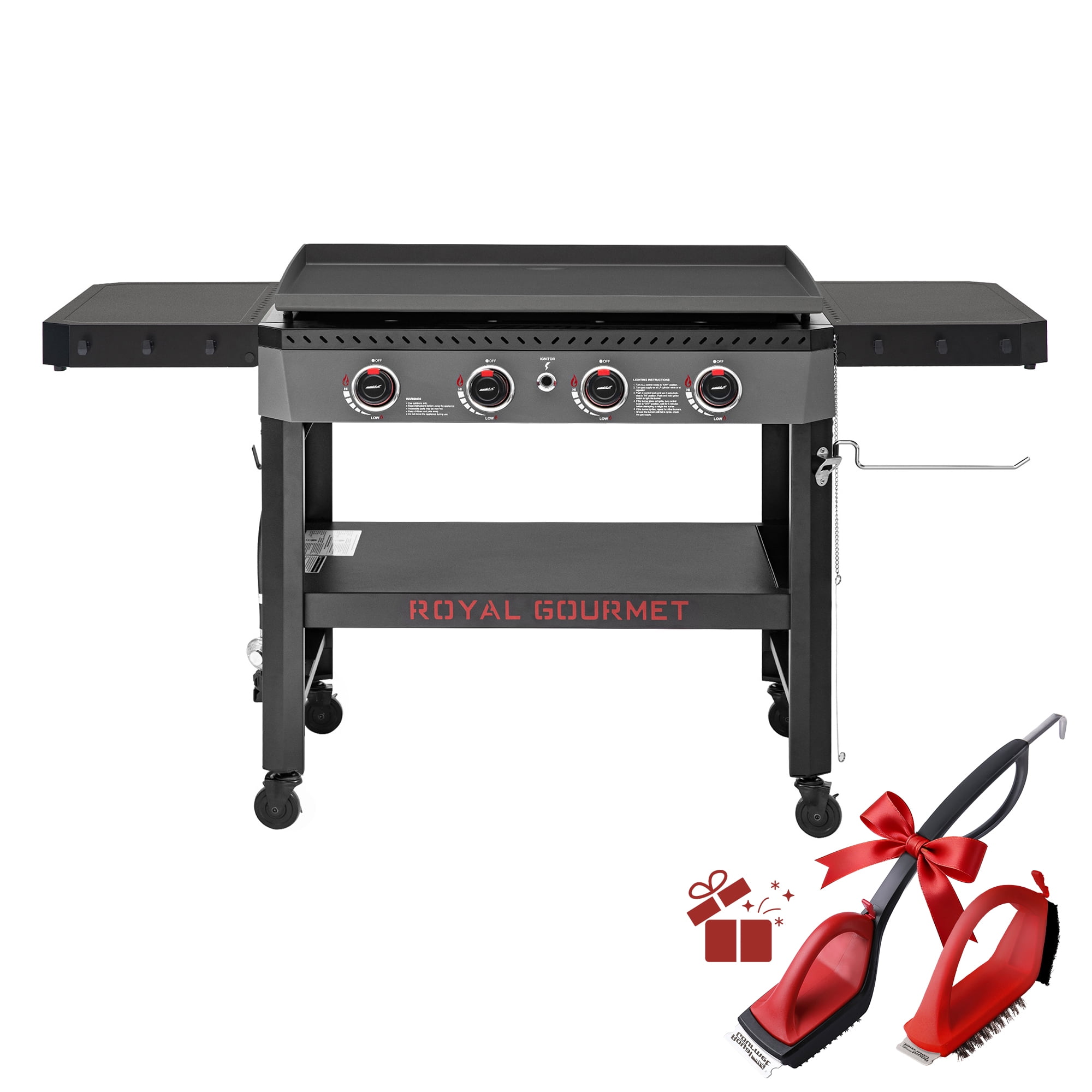 Royal Gourmet GB4005 34-Inch 4-Burner Gas Griddle,Griddle with Collapsible Side Shelves and Storage Basket,Perfect for Outdoor Cooking like Camping or Tailgating, Black