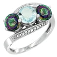 thumbnail image 1 of 14K White Gold Natural Aquamarine & Mystic Topaz Sides 3 stone Ring Round 6mm Diamond Accent, size 6.5, 1 of 2