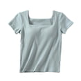 thumbnail image 4 of Aobny Women's Pajamas Tops Only Ribbed Build-in-Bra Sleep Tops Short Sleeve Square Neck Sleep Shirts for Women,Blue,M, 4 of 5