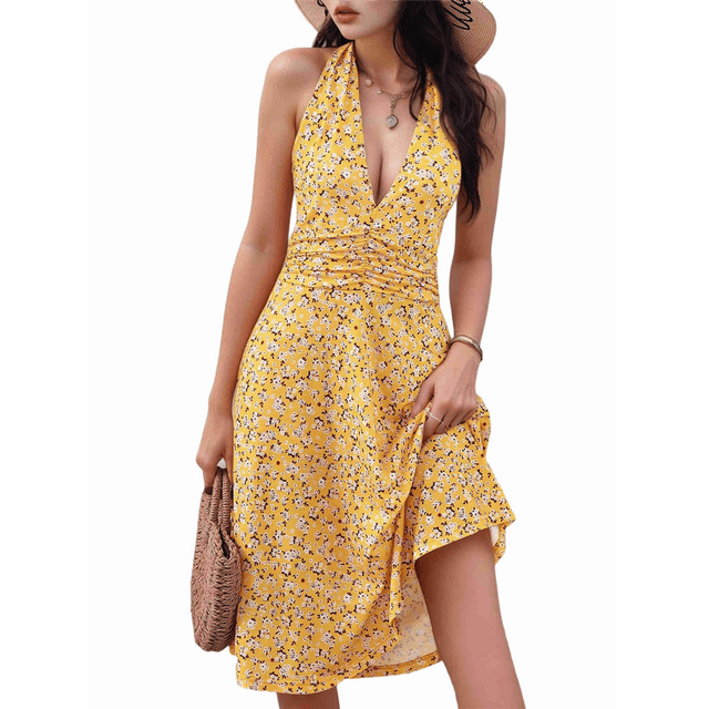 Robe d'Été Sans Manches Portefeuille à Col en V à Fleurs pour Femme Mini Robe Jaune G
