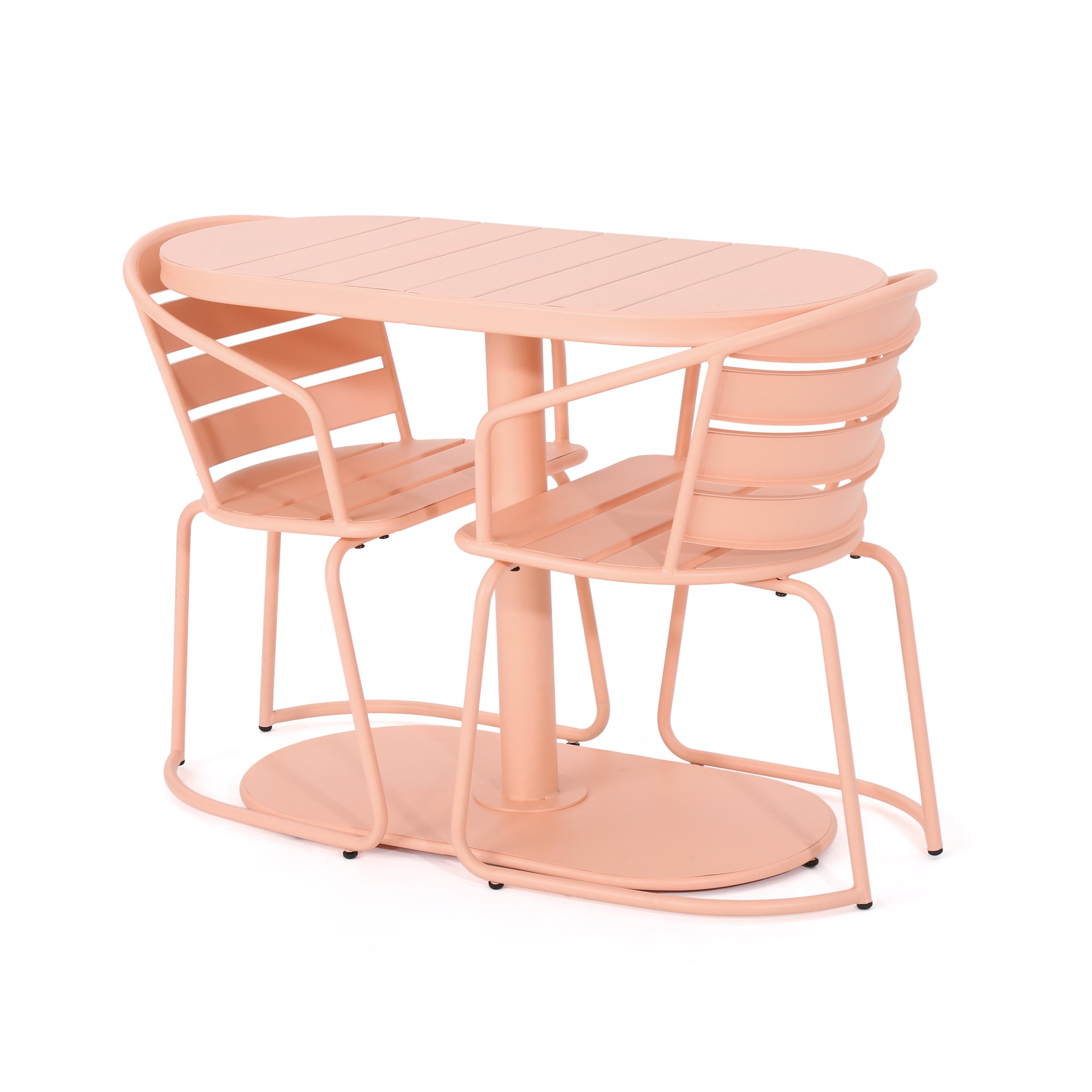 Mintazer 3-Piece Metal Bistro Dining Set, Patio Outdoor Conversation Set with Oval Slatted Table & 2 Cantilever Arm Chairs, Pink