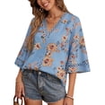 thumbnail image 2 of Seyurigaoka Womens Summer Tops Boho Floral Printed 3/4 Sleeve V Neck Shirts Casual Hollow-Out Patchwork Loose Blouses, 2 of 6