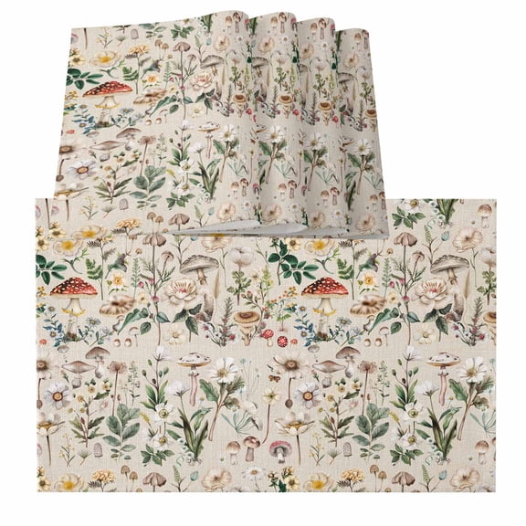 Pastoral Botanical Placemats for Dinning Table Set of 6, Vintage Mushroom Spring Summer Flowers Burlap Kitchen Place Mats Waterproof Cloth Table Mats, Indoor Outdoor Placemats Easy Clean Dinner Decor