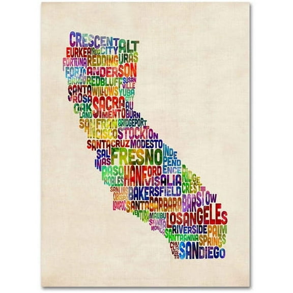 Trademark Art 'California Text Map' Canvas Art by Michael Tompsett