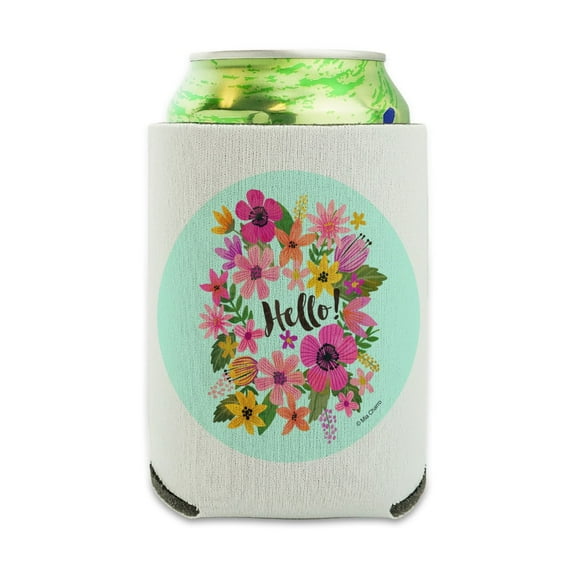 Hello with Pretty Flowers Can Cooler - Drink Sleeve Hugger Collapsible Insulator - Beverage Insulated Holder