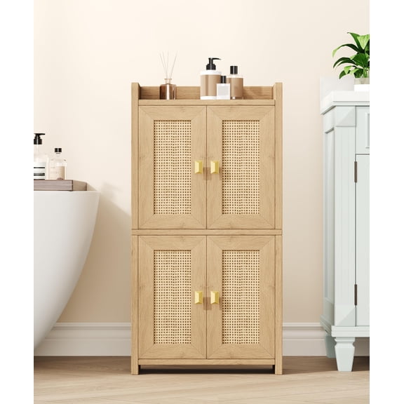 15" Rattan Small Bathroom Cabinet 4 Doors Adjustable Shelf Oak