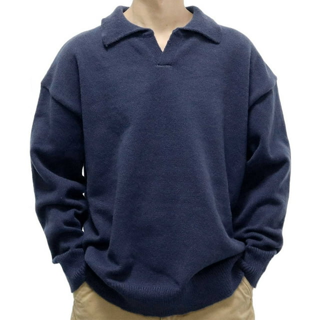 Wolfast Mens Sweaters Lapel Collar V-Neck Long Sleeve Pullover High Stretchy Ribbed Knit Fashion Tops Navy XL