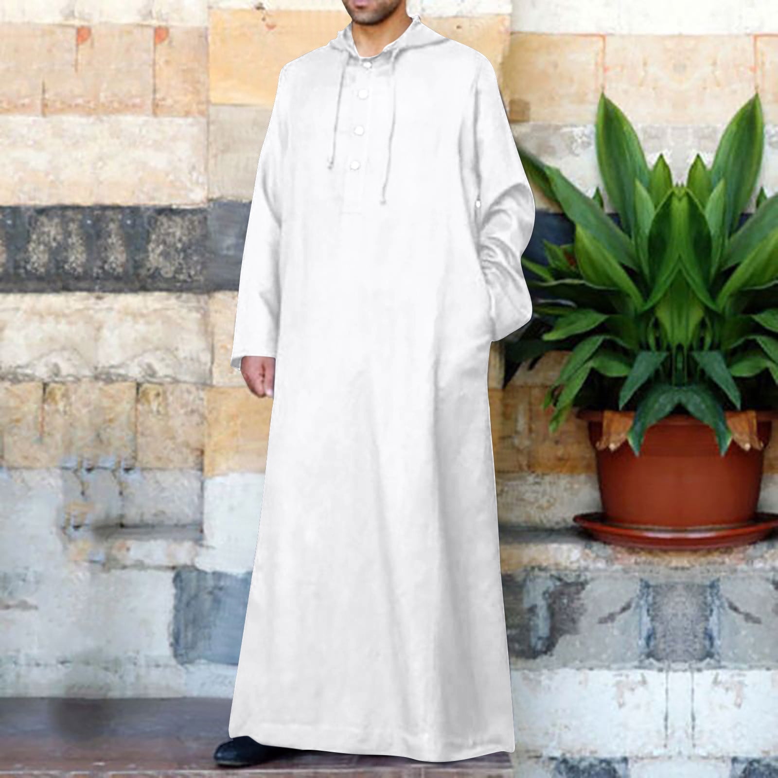 Hvot&aat Men's Muslim Cotton Linen Thobe Middle East Saudi Arab Kaftan Islamic Abaya Dress Dubai Robes Button Ramadan Robes