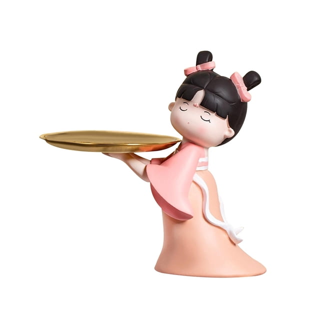 Bonita figura de niña china con bandeja de resina para decorar encimeras. Rosado