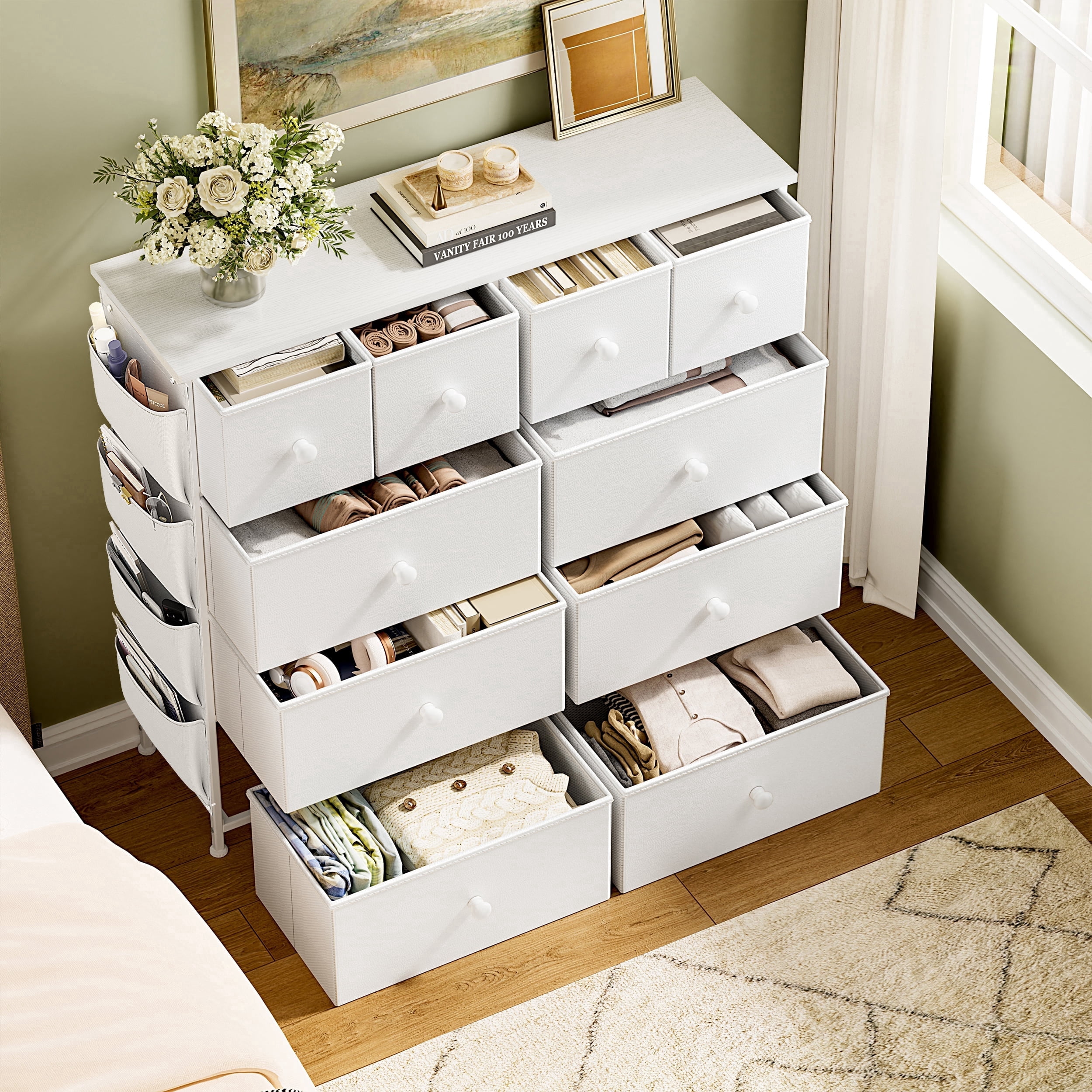 KOUSEI 10 Drawer Dresser,Fabric Dressers for Bedroom,Chest of Drawers with 4 Side Pockets,Storage Drawers,White